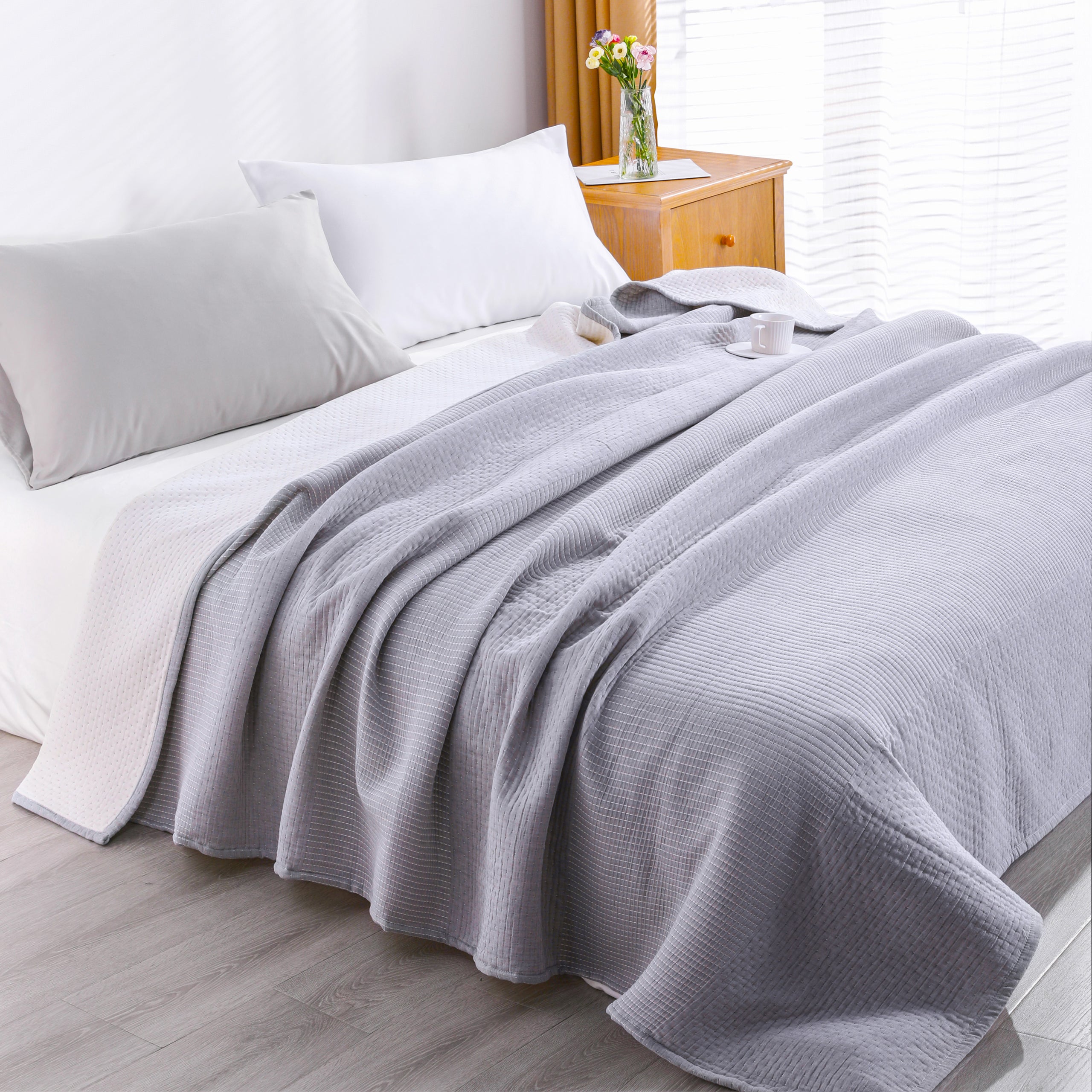 NTBAY Cozy 3 Layers Cotton Muslin Bed Blanket, Super Soft Breathable Thermal Yarn Dyed Quilt for Adults