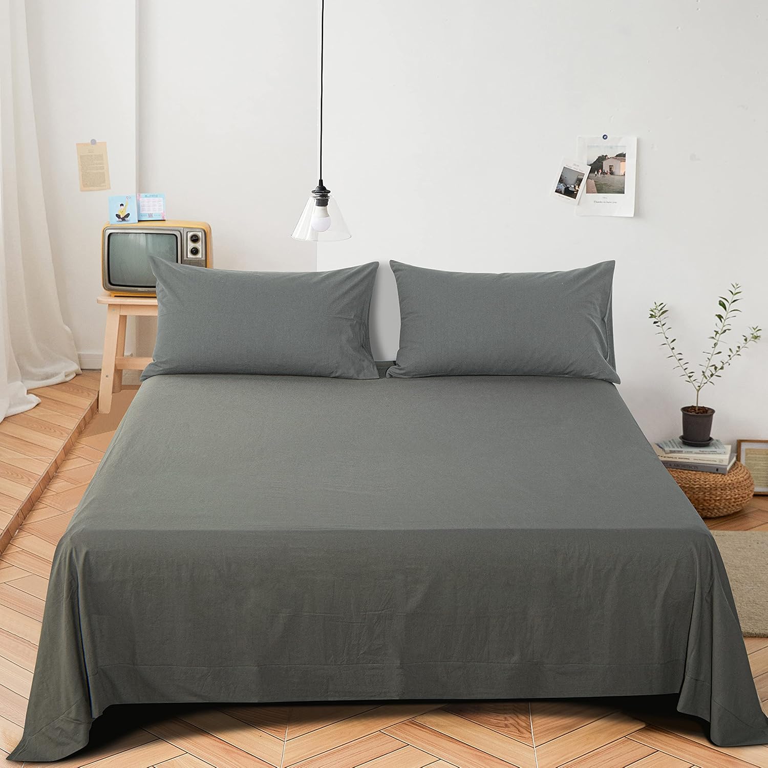 NTBAY Washed Cotton Queen Bedding Flat Sheet, Ultra Soft and Breathable Flat Top Sheet, Dark Grey