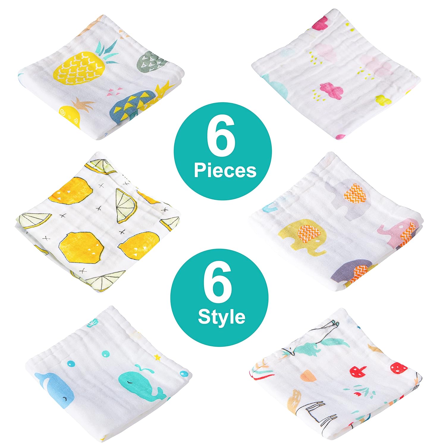 NTBAY 6 Pack Baby Muslin Washcloths, 6 Layers Natural Cotton Newborn Baby Face Towel with Animals Printed Design