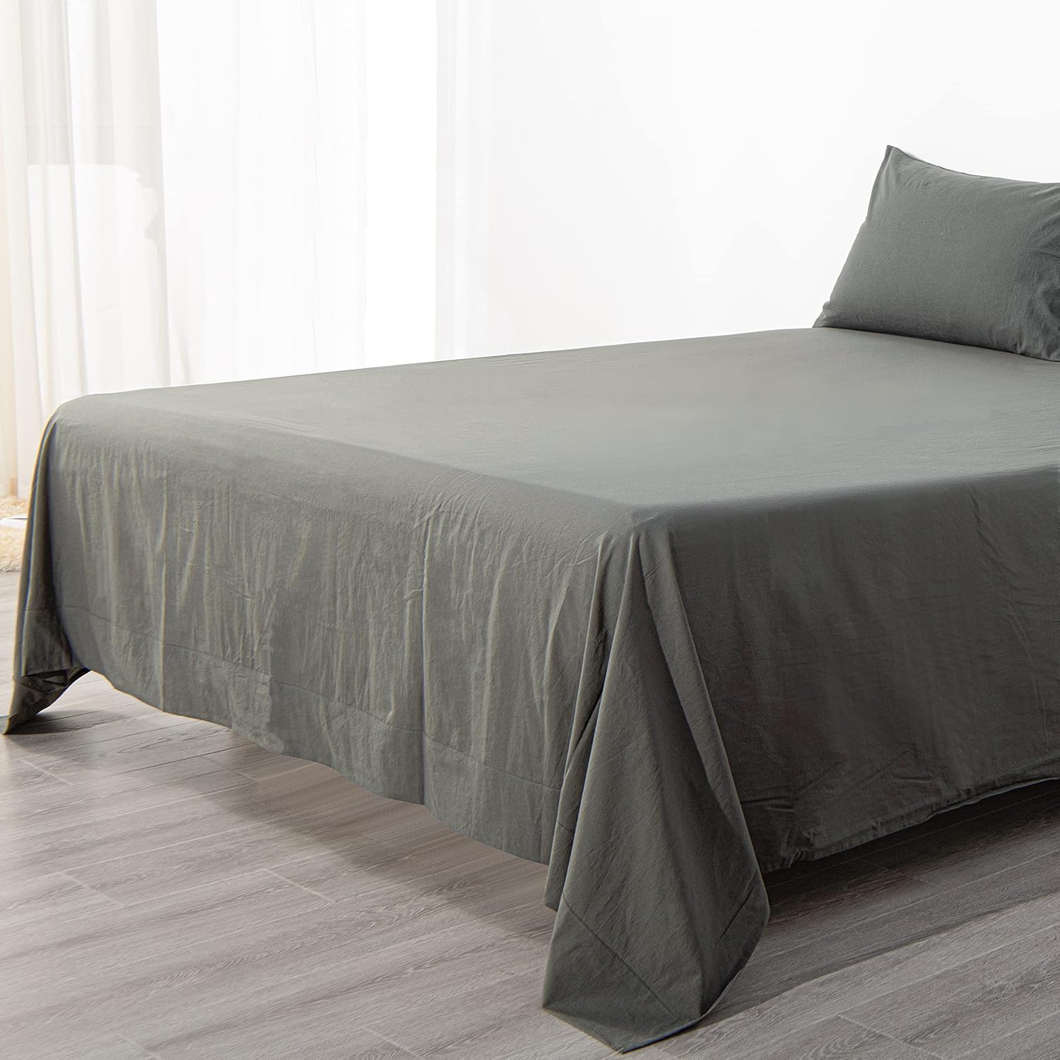 NTBAY Washed Cotton Queen Bedding Flat Sheet, Ultra Soft and Breathable Flat Top Sheet, Dark Grey