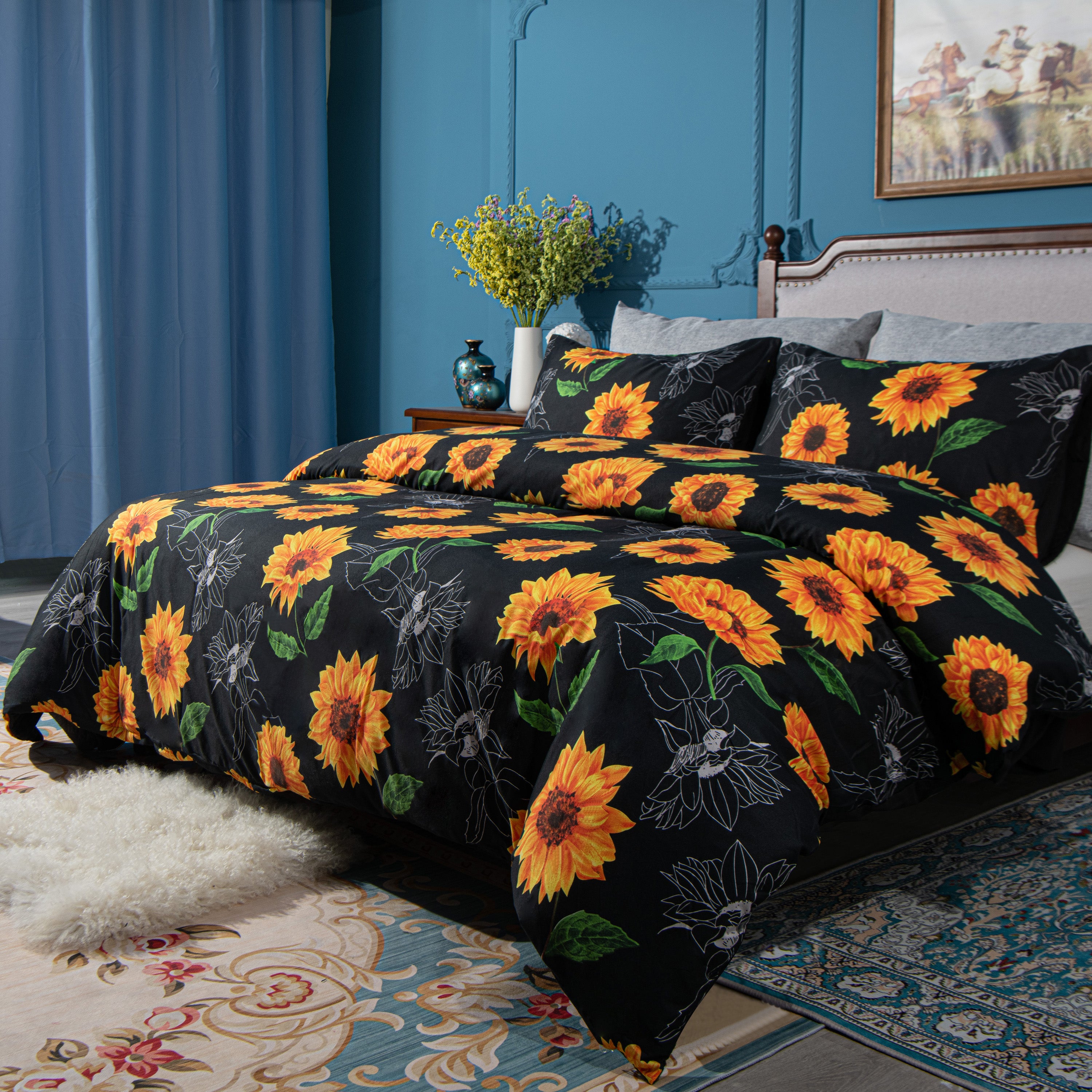 NTBAY Microfiber Duvet Cover Set, 3 Pieces (1 Duvet Cover + 2 Pillowcases) Ultra Soft Sunflower Printed Comforter Cover Set with Zipper Closure, Black